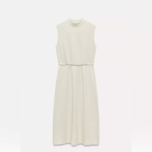 ZARA BELTED MIDI DRESS Elegant Cream Sleeveless Dress Size S